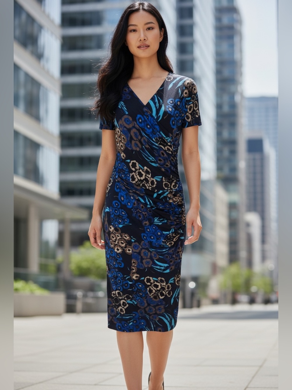 Hugo Boss Black and Blue Floral Side Ruched Style Midi Dress